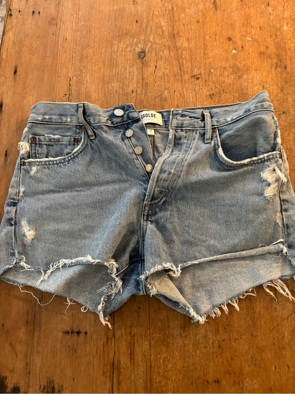 Agolde Light Blue Distressed High-Rise Denim Shorts